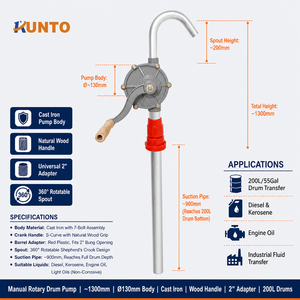 WOVI 25 #   Pompe à tambour rotative manuelle robuste <span class=keywords><strong>avec</strong></span> corps en fonte, poignée en bois, bec courbé argenté et adaptateur de bouchon rouge, compatible <span class=keywords><strong>avec</strong></span> les fûts standard de 200 L - Product Image 3
