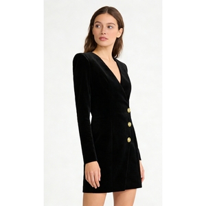 Vestido de Traje Negro para Mujer - Vestido Formal Cruzado con Botones Dorados, Vestidos de Moda - Product Image 4