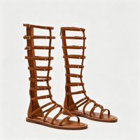 Sandales gladiateur mi-hautes en daim marron Kingdi, talon plat, multi-bandes avec boucles réglables