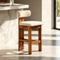 Tabourets de bar vintage français en bois massif avec assise en laine sherpa et repose-pieds rembourrés, sans accoudoirs, pour îlot de cuisine, comptoir, maison, café, mobilier