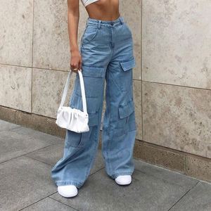 Jeans pour femmes à taille haute, en denim, coupe droite, multi-poches, décontractés - Product Image 5
