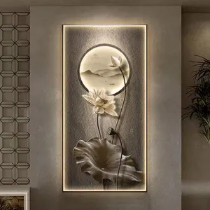 Cuadro iluminado personalizado al por mayor, pintura con luz decorativa LED, pintura de arte de pared de porcelana de cristal de loto chino con marco