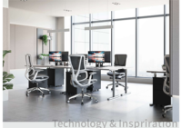 Nouvelle configuration de mobilier de bureau au design moderne : tabouret ergonomique noir, table d'ordinateur et chaise ergonomique