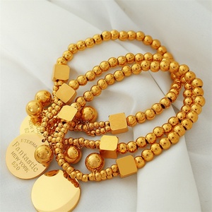 Bracelets en acier inoxydable personnalisés délicats, pendentif rond doré, chaîne à perles élastique - Product Image 2