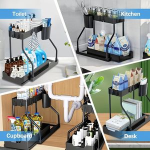 Xiyin Sink Shelf Double Layer Pull Out Storage Rack Kitchen Bathroom Cabinet Organizer Removable Rectangle Standing Type - Product Image 2