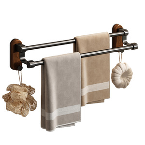 Walnut Wood Bathroom Towel Rack Wall Mounted Rustic Style Double Bar Towel Holder For Bathrooms - Product Image 5