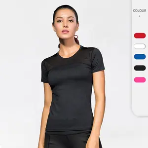 Custom Quick Dry Wicking Women Running Yoga T shirt with Elastic Mesh Compression Gym Workout Shirt for Women