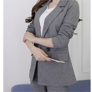 Completo da <span class=keywords><strong>Donna</strong></span> <span class=keywords><strong>Grigio</strong></span> Casual <span class=keywords><strong>Blazer</strong></span> e Pantaloni a Vita Alta Tailleur da Ufficio Giacca con Risvolto Completo Coreano Femminile 2 Pezzi - Product Image 5