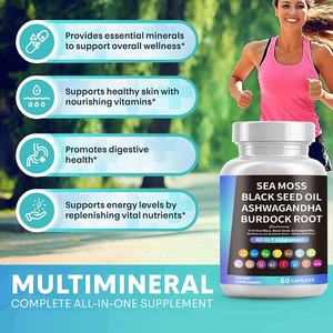 Fábrica Personalizar Atacado Sea Moss Black Seed Oil Ashwagandha Bardana <span class=keywords><strong>Root</strong></span> Cápsulas Suplemento para Suporte Bem-Estar Geral - Product Image 2