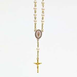 Bracelet de prière catholique doré avec médaille automobile, crucifix et perles, style chapelet d'une décennie - Product Image 6