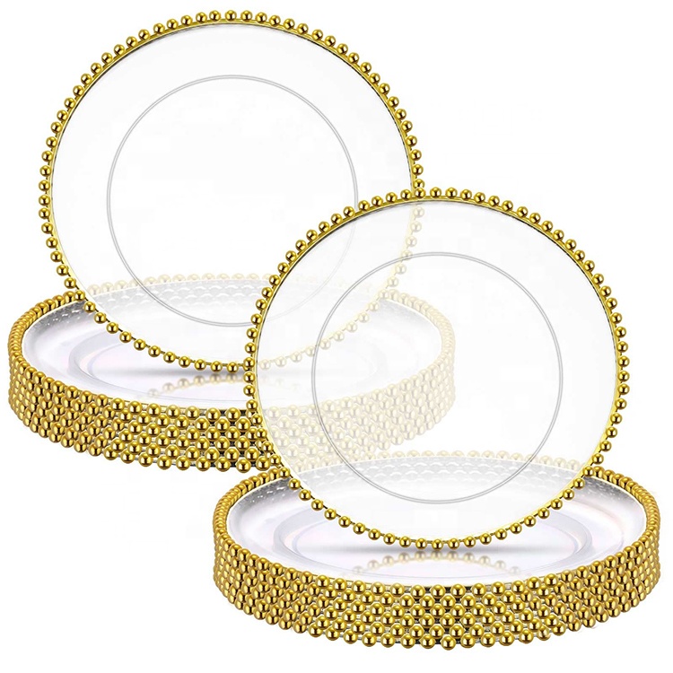 Tianxing Bulk Bruiloft Decoratief Servies Set Gouden Dinerplaat Plastic Ronde Doorzichtige Gouden Opladerplaat Met Gouden Rand