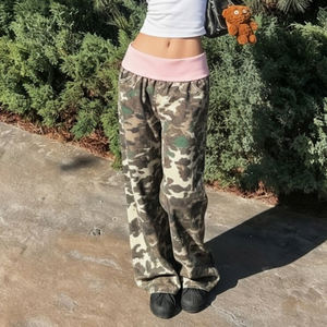 Pantalon large à taille contrastée rétro américain, pantalon décontracté tendance pour femmes, coupe slim - Product Image 5