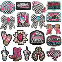 Patch thermocollant style punk, motif échiquier, avec nœud, crâne et bottes, pour décoration, style western et cowgirl