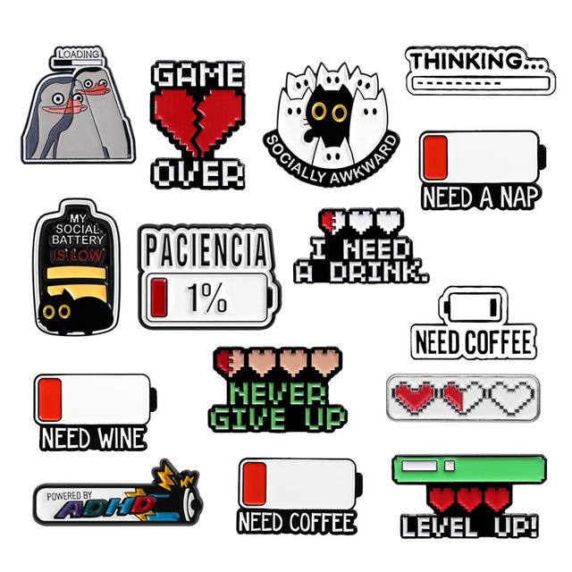 Wholesale Customized Cute Enamel Pins UV Print Funny Battery Powered Need Charging Logo Zinc Alloy Badge