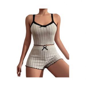 Ensemble de lingerie sexy pour femme, deux pièces, débardeur côtelé épais et short avec dentelle contrastante, pyjama et pantalon de détente - Product Image 1