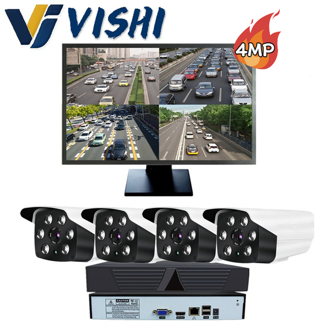 Vishi 4MP Outdoor/Indoor Weatherproof NVR Surveillance System H.265 Compression Night Vision POE Monitor Audio Camera Complete