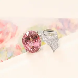 欧美优质时尚珠宝戒指925纯银镶嵌粉色钻石可调节女孩戒指
