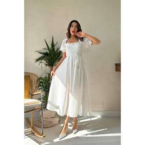 Vestido Blanco Bordado con Corte en A, Cuello Cuadrado, Cintura Natural, Tejido Transpirable, Informal para Uso Diario - Product Image 2