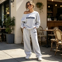Ensemble décontracté deux pièces en molleton gris chiné pour femme avec logo personnalisé OEM : sweat-shirt ample à épaules dénudées et pantalon de survêtement à cordon de serrage