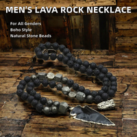 Collier pour homme Bohème en pierre de lave perlée avec pendentif flèche géométrique en obsidienne, pyrite naturelle et bijoux de méditation et de guérison