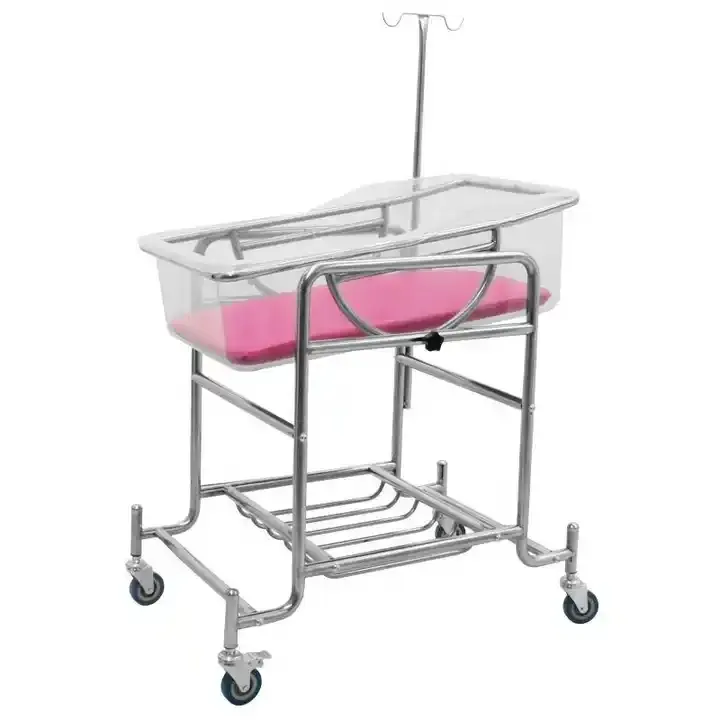 high quality stainless steel infant baby bed with mattress and infusion pole castors with factory cheap price for hospital