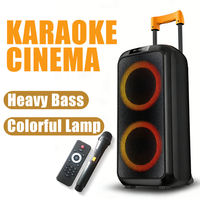 Altavoz Portátil Doble de 8 Pulgadas para Fiestas con Carrito, Micrófono Inalámbrico, Luces LED, Bluetooth, FM, USB Recargable
