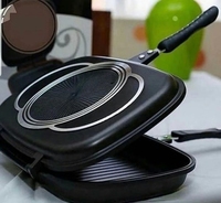 Poêle de cuisson multifonction en aluminium de 32 cm, poêle à frire portable, grill double face antiadhésif avec poignée anti-brûlure
