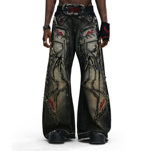Jeans Denim Svasati <span class=keywords><strong>Avant</strong></span>-<span class=keywords><strong>Garde</strong></span> con Inserti, Effetto Usurato, Lavaggio Sporco, Frange, Multi Tasche, Gamba Larga, Stile Streetwear, Personalizzabili dal Produttore - Product Image 1
