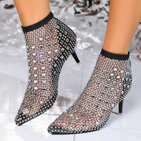 Bottines pour femmes, strass scintillants, maille filet, talon aiguille, semelle en caoutchouc, chaussures de soirée, chaussures de mariage