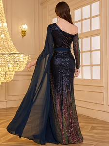 <span class=keywords><strong>ชุด</strong></span><span class=keywords><strong>ราตรี</strong></span>ผ้าชีฟองผ่าสูง แต่งเลื่อม <span class=keywords><strong>แขน</strong></span><span class=keywords><strong>ยาว</strong></span> ทรงเข้ารูป ผูกเอว ดีไซน์<span class=keywords><strong>ไหล่</strong></span>เฉียง ปรับแต่งได้ สำหรับผู้หญิง - Product Image 2