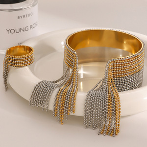 PVD Gold Open Adjustable Fringe Chain Tassel Cuff <b>Bangle</b> Bracelet & Ring <b>Set</b> for Women | Waterproof, Hypoallergenic & Non-Fading - Product Image 2
