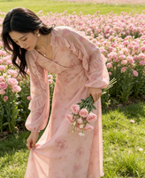 Robe longue à fleurs pour femmes, manches longues, col en V, volants en mousseline, style bohème, pour les vacances, printemps-été, fabricant OEM
