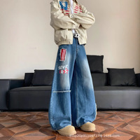 Jean unisexe streetwear coupe ample et large, coupe mi-longue, style rétro américain, avec patch brodé et motif écossais, coupe-vent et écoresponsable, pour le marché transfrontalier