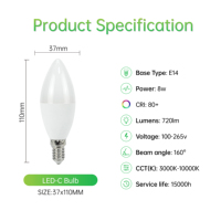 Ampoule LED 8W 720Lm Bougie E14 37x110mm Fil incandescent 650 degrés 3000K-10000K CCT Fournisseur en gros pour hall d'hôtel