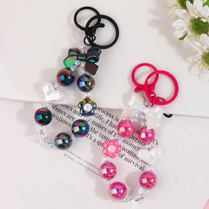 Promotion Cute Epoxy Acrylic Bow Beaded Bracelet Love Heart Pendant Pearl Keychain Beadable Keychains Phone Bag Charm Keyring