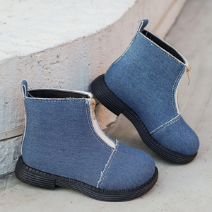 Botas de otoño para niñas, botines cortos de mezclilla con lazo y cremallera - Product Image 3