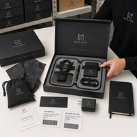 Ensemble cadeau d'affaires personnalisé avec logo pour clients, comprenant un organiseur de technologie, un chargeur, un étui pour passeport et un carnet
