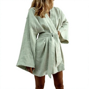 Bata Kimono de Lino Verde Menta para Mujer, Manga Ancha, Corta, con Cinturón, Ligera, para Descanso y Resort - Product Image 1
