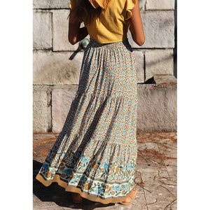 FOXA Jupe longue plissée à taille haute élastique pour femme, imprimé floral vintage, style bohème - Product Image 3