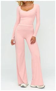 Set di Abbigliamento da Yoga per <span class=keywords><strong>Donna</strong></span>, Top Corto a Maniche Lunghe e Pantaloni a Vita Alta a Gamba Larga, <span class=keywords><strong>Completo</strong></span> Sportivo Coordinato - Product Image 3