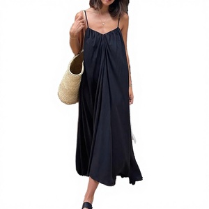 Women's Sleeveless Spaghetti Strap Solid Black Maxi Dress Loose Woven Casual Summer <b>Slip</b> Dress Breathable Straight Hem - Product Image 3