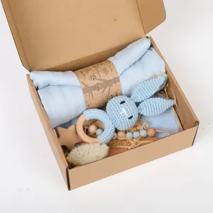 New Arrival Baby Muslin Swaddle Teether Set New Born Gift Set Box Welcome Present Baby Shower Gift Set