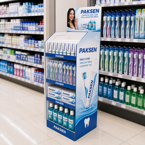 Dental Care Display Corrugated Paper Floor <b>Stand</b> 4-Tier Blue Rack For Oral Hygiene Products Supermarket Pharmacy Area - Product Image 1