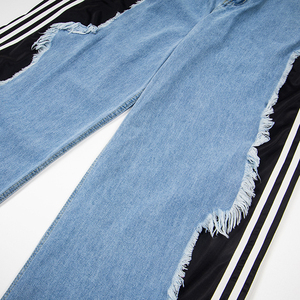 Nouveau pantalon en jean délavé <span class=keywords><strong>coupe</strong></span> large et ample, style streetwear américain, avec franges latérales contrastantes et design à 3 bandes, très visible - Product Image 5