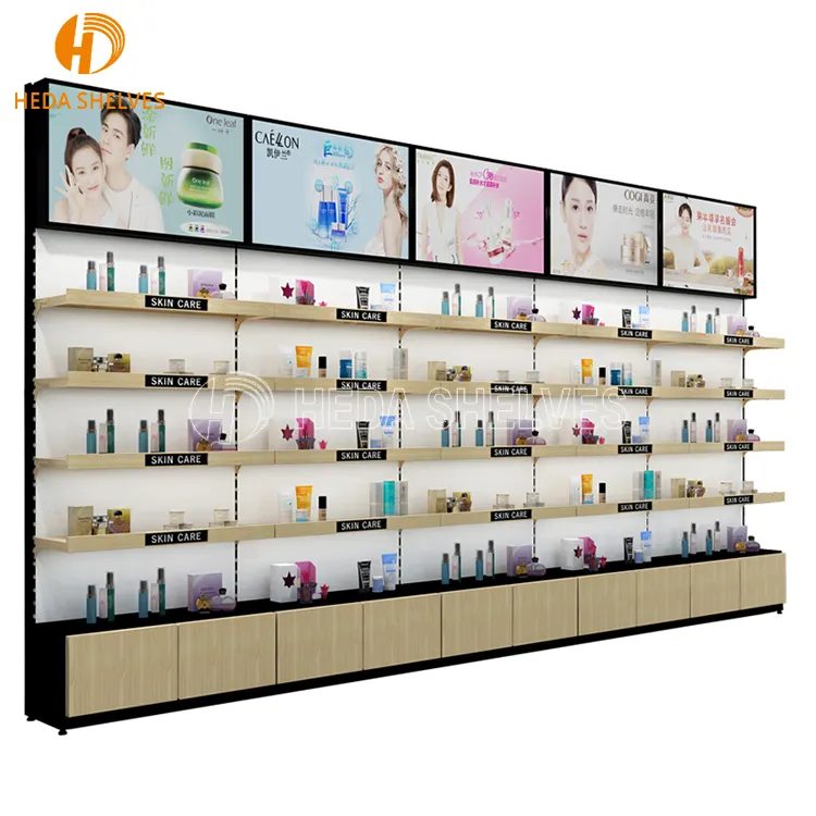 Einzelhandel Kosmetik Display Stand Beauty Produkte Shop Regal Display Kosmetik Display Regale Holzwand Kosmetik Regal Showcase