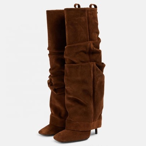 Women's Pleated Upper Long Pants <b>Boots</b> High Thin Heels Square Toe Overlay Shoes Dress Stiletto Knee High Booties - Product Image 1