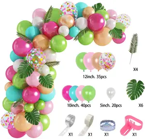 109件热带气球拱形花环套装绿色热粉色五彩纸屑乳胶气球热带夏威夷火烈鸟棕榈叶