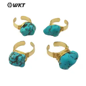 WT-R343 Wholesale Chunky Turquoise Ring Natural Turquoise Ring With Gold Electroplated Adjustable Size Women Elegant Charm Ring