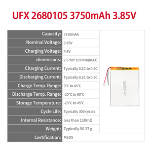 Ufx 2680105 3.85V 3750mAh Điện áp cao Li Polymer có thể sạc lại LiPo pin Pin tùy chỉnh với PCB - Product Image 2