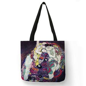 Sac à main en toile de lin avec peinture à l'huile pour femmes, fourre-tout personnalisé avec motif de larmes, sac de Shopping de grande capacité, Gustav Klimt - Product Image 3
